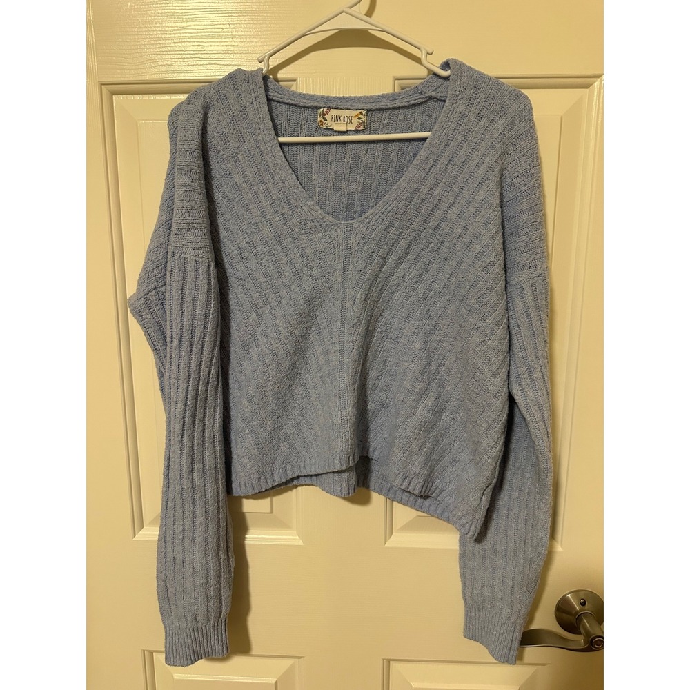 Pink Rose Sweater Women M Blue V-Neck Ribbed Knit Pullover 2S23894 Long Sleeve